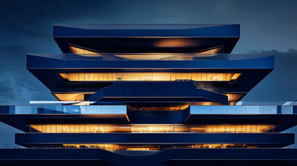 A stunning corporate tower rises with floating geometric segments, its navy blue facades complemented by brightly lit terraces that create a bold contrast between solid and void