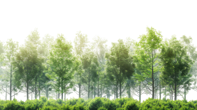 Green trees and bushes creating a lush natural border on transparent background