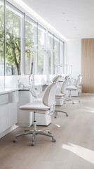 modern medical clinic featuring sleek diagnostic chairs and bright, spacious interiors. design emphasizes cleanliness and functionality, creating welcoming atmosphere for patients