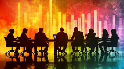 Business Meeting Silhouette with Colorful Data Visualization Background