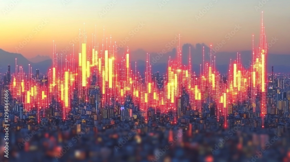 Poster futuristic cityscape with dynamic data overlay: a visual representation of market trends and technol