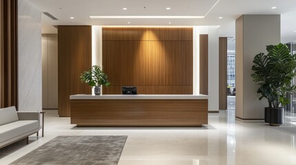 A sleek and stylish business lobby featuring a wood-accented reception desk and modern interior elements