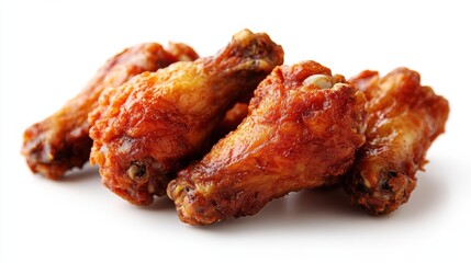 Mouthwatering close up of crispy fried chicken wings on a white background perfect for food photography and culinary content showcasing delicious appetizer