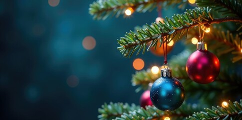 Obraz premium Swinging tree branches adorned with colorful ornaments and twinkling lights, ornaments, sparkling lights