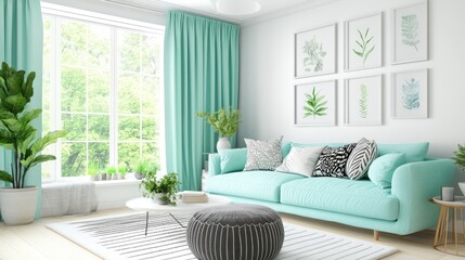 Bright living room features turquoise sofa and leafy botanical prints