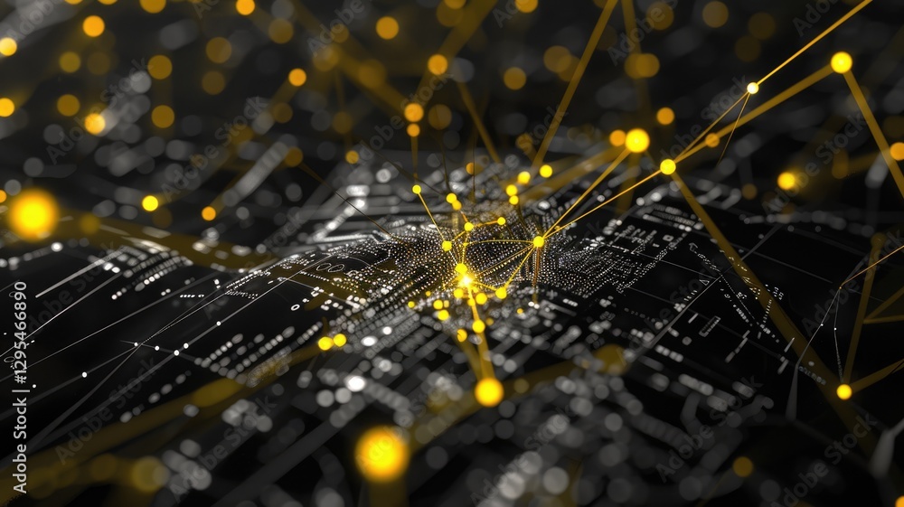 Poster a captivating visualization of a data network integrating artificial intelligence elements. this abs