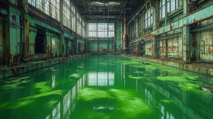 A large green swimming pool standing alone in an abandoned factory signifying decay and urban exploration