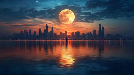 Silhouetted figure by city waterfront at sunset with super moon
