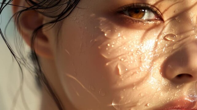 Closeup of Beautiful Asian beauty model with water liquid on her face as she blinks during a bright sunny day and blurred bokeh background
