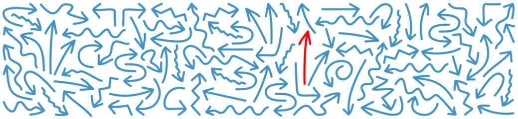 Many blue arrows point to different directions, one red arrow points to the top, concept, vector banner illustration.