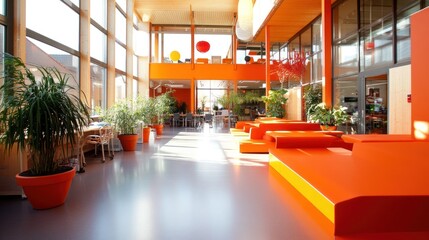 Modern Orange Lounge Area With Abundant Natural Light