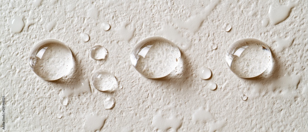 Poster serene close up of transparent water droplets on a textured beige surface creating a minimalist and 
