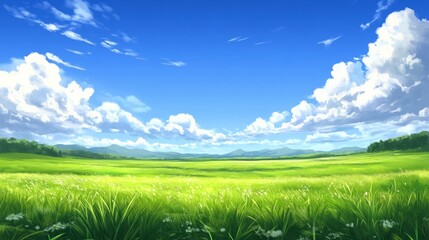 Obraz premium Serene Summer Meadow Landscape: A Vibrant Green Field Under a Blue Sky with Puffy Clouds and Distant Mountains