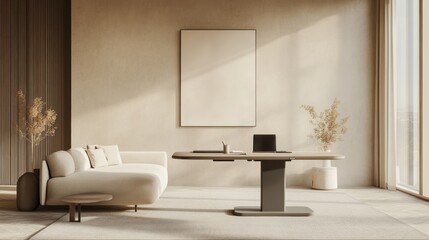 Modern neutral home office interior with light beige color palette