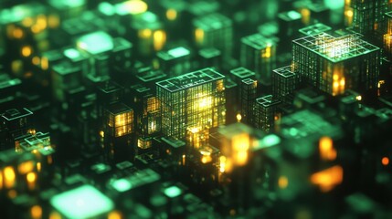 Abstract digital cityscape with glowing lights and green tones representing technology, data, and futuristic concepts