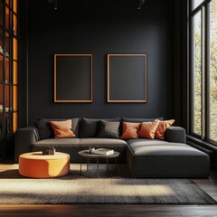 Dark Modern Living Room with Blank Frames, Orange Accents, and Sunlight
