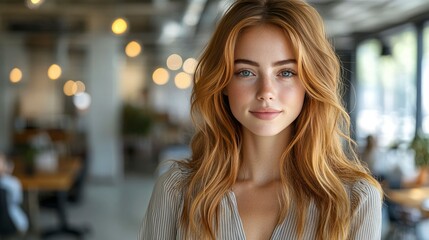 Fototapeta premium Confident Young Woman with Long Red Hair in Modern Office Setting