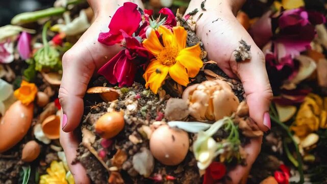 Organic waste, including leaves and grass clippings, is added into a compost pit, promoting eco-friendly recycling and composting of biodegradable materials. A woman throws kitchen scraps into a homem
