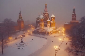Obraz premium Saint Basil's Cathedral and Kremlin glowing during snowfall at Red Square in Moscow, Russia
