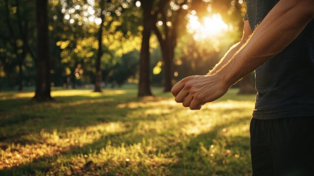 A person gently bending their elbow during a light stretching session in a peaceful park. Featuring recovery and flexibility