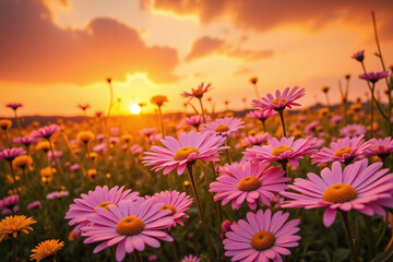 Fototapeta premium field of flowers with the sun setting in the background