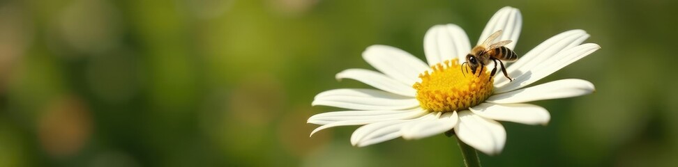 White echinacea flower with a tiny bee and pollen in the air around it, insects, wildflower