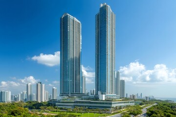 Fototapeta premium The Ocean Club, iconic luxury apartment towers rising above Panama City skyline