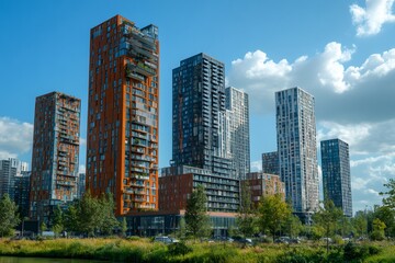 Obraz premium Modern residential skyscrapers rising above green park in Sloterdijk, Amsterdam