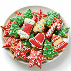 A plate of festive Christmas cookies in various shapes, including stars, trees, and bells, each decorated with colorful icing and sprinkles. The cookies contrast with the white background