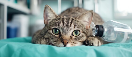 Emergency vet care for a pet, oxygen tank, medical urgency, bright sterile lighting