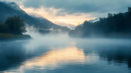 Fototapeta premium Fog covering a river at sunrise with mountains in the background