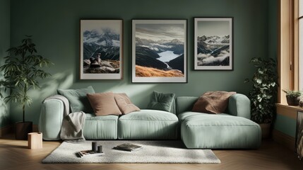 Serene living room features a comfortable sofa and mountain artwork