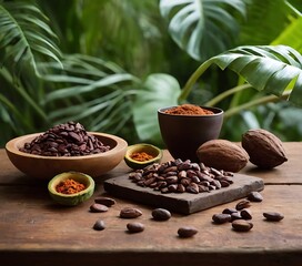 product display of ceremonial cacao chunks and cocoa beans, arranged artfully on a rustic wooden table, surrounded by tropical leaves and earthy textures, soft natural light filtering through,9456