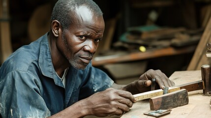 A skilled craftsman intently measures wood with precise tools in a workshop. This image captures the dedication and artistry involved in traditional woodwork and craftsmanship.
