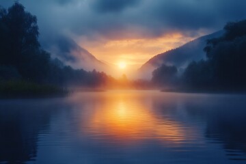 Foggy sunrise creating golden reflections on lake surface