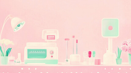 2D illustration of pastel colored workspace featuring vintage machine, plants, and various beauty tools, creating serene and inviting atmosphere
