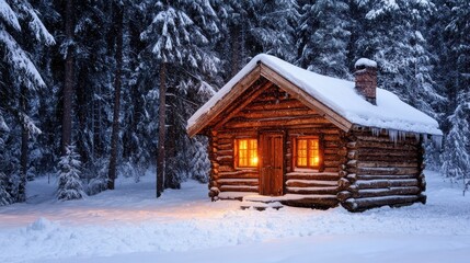 Cozy log cabin glows warmly in a snowy forest