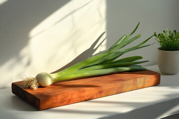 Fresh spring onion lying on wooden cutting board under morning sunlight