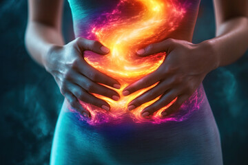 Close-up of a woman holding her stomach in pain and discomfort from cramps, close-up of female hands on her belly. Bright glow of the inflamed gastrointestinal tract.