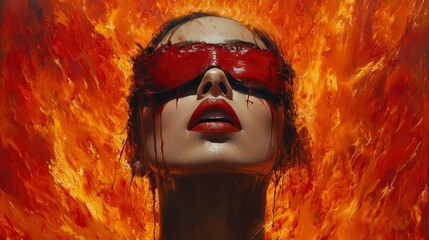 Woman in Red Blindfold Against a Fiery Background Surreal Art
