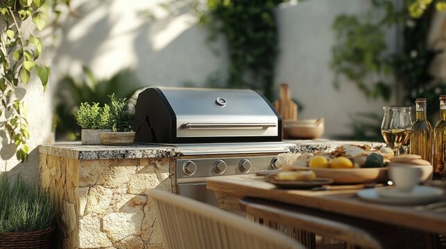 Outdoor patio grill with dining table