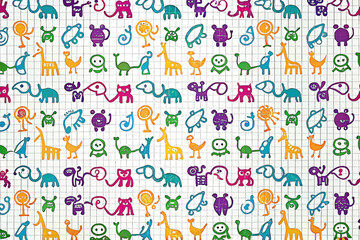 Colorful doodle animal pattern on notebook paper background.