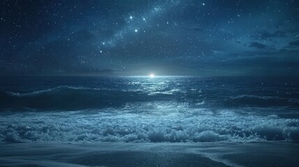 Night ocean waves reflecting starlight under a deep blue sky