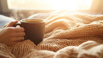 cozy scene featuring hand holding warm cup of tea or coffee, wrapped in soft knitted blanket, with sunlight streaming in, creating warm and inviting atmosphere