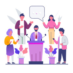 Fototapeta premium Diverse group of adults and a teenager in casual business attire at a conference podium, engaged in a discussion/presentation.