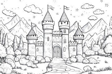 Fototapeta premium Majestic castle standing in a fantasy landscape with mountains and trees