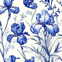 seamless blue and white chinoiserie. irises pattern.