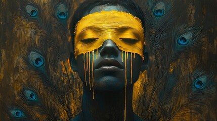 Golden Tears Abstract Portrait with Peacock Feathers