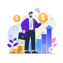 Obraz premium Businessman holding dollar sign with increasing graph in background