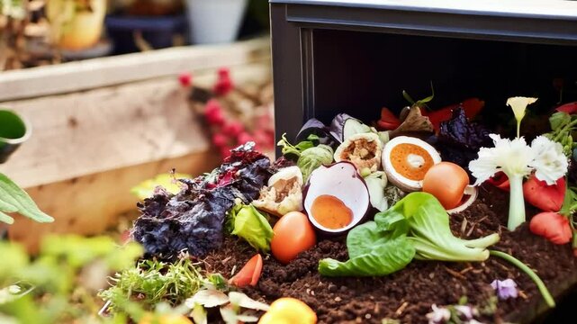 Organic waste, including leaves and grass clippings, is added into a compost pit, promoting eco-friendly recycling and composting of biodegradable materials.